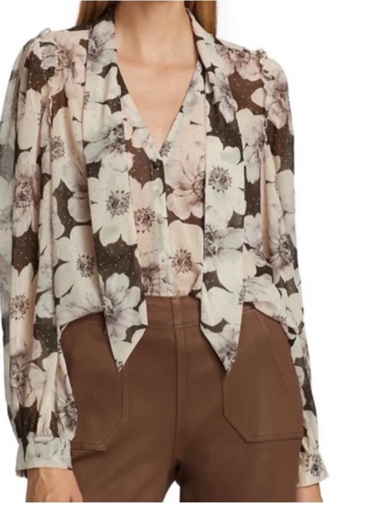 Paige Floral Tie-Neck Blouse In Cream And Brown S